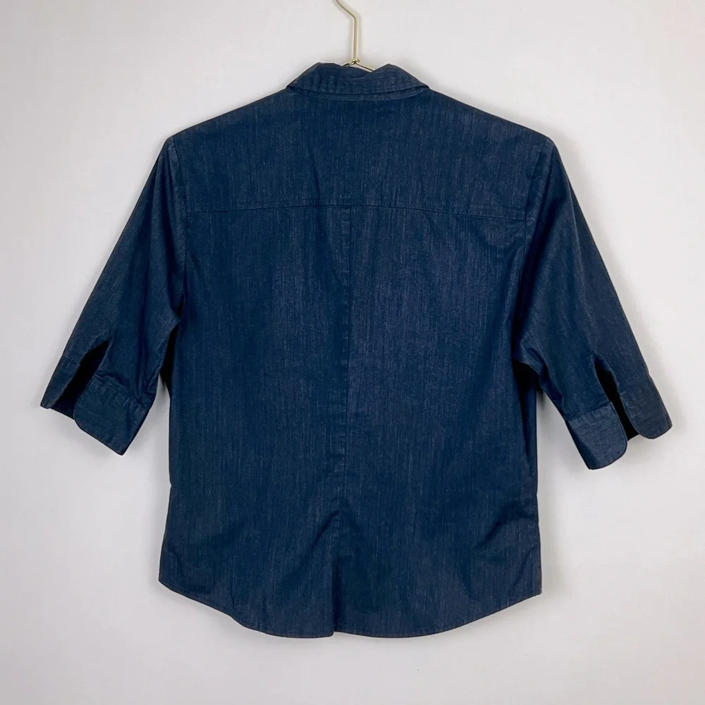 Express Stretch Dark Blue Denim 1-2 Sleeve Top Sz 5/6 - Picture 2 of 11